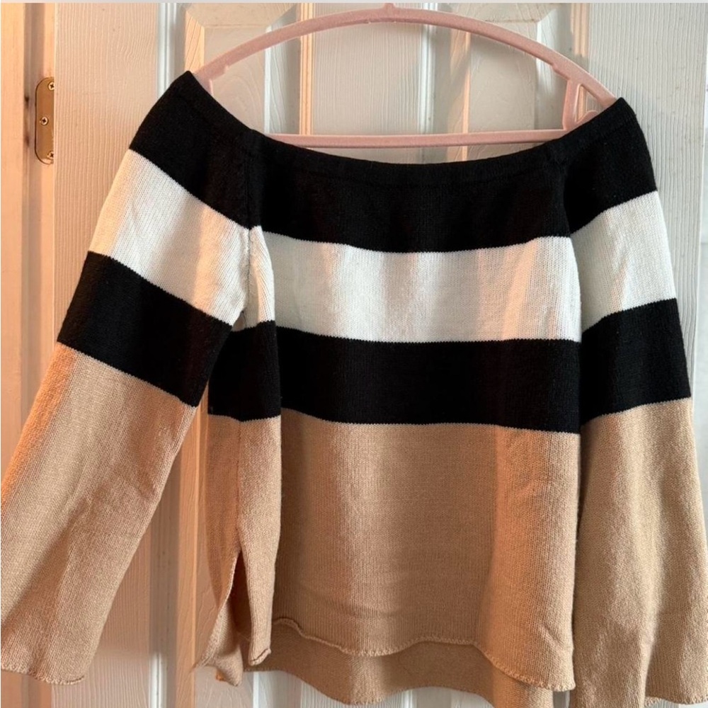 Striped Off-Shoulder Sweater - Black, White, Tan